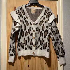 Chaser Button Front Cardigan Sweater Medium Cheetah Cozy Ruffle Long Sleeve
